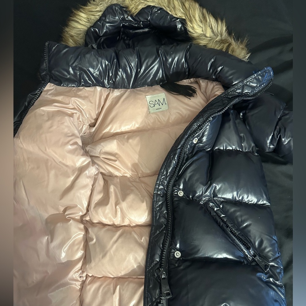 SAM Black and Pink Puffer Coat with Fur Trim
